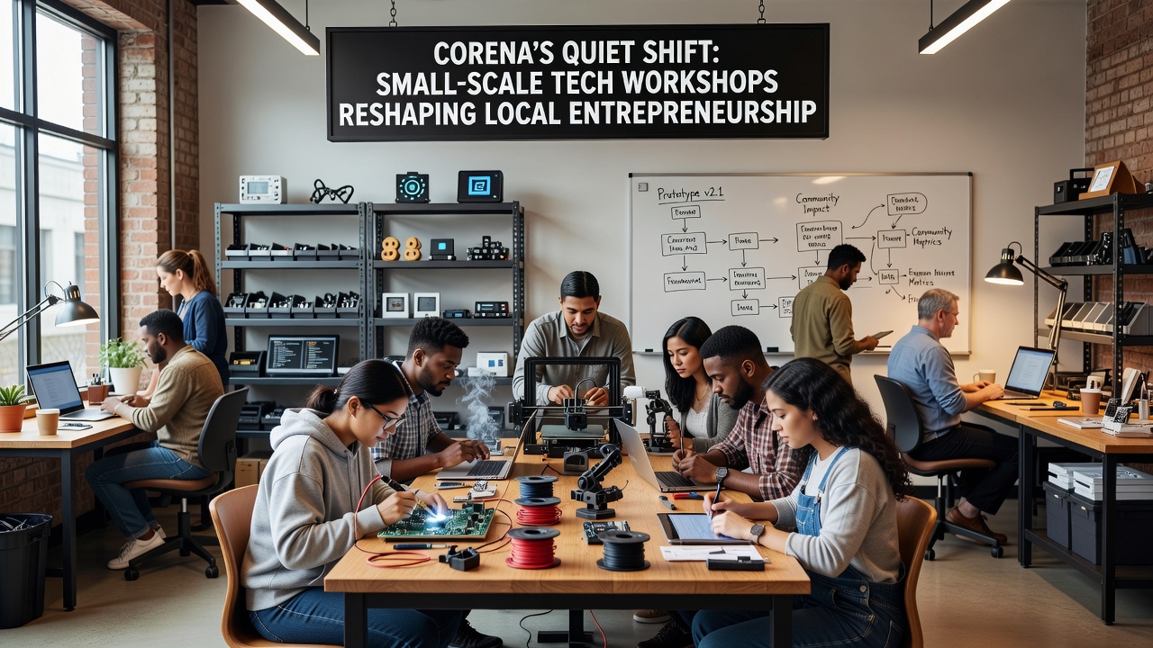 Workshop attendees reviewing project prototypes on laptops in a Corena community space