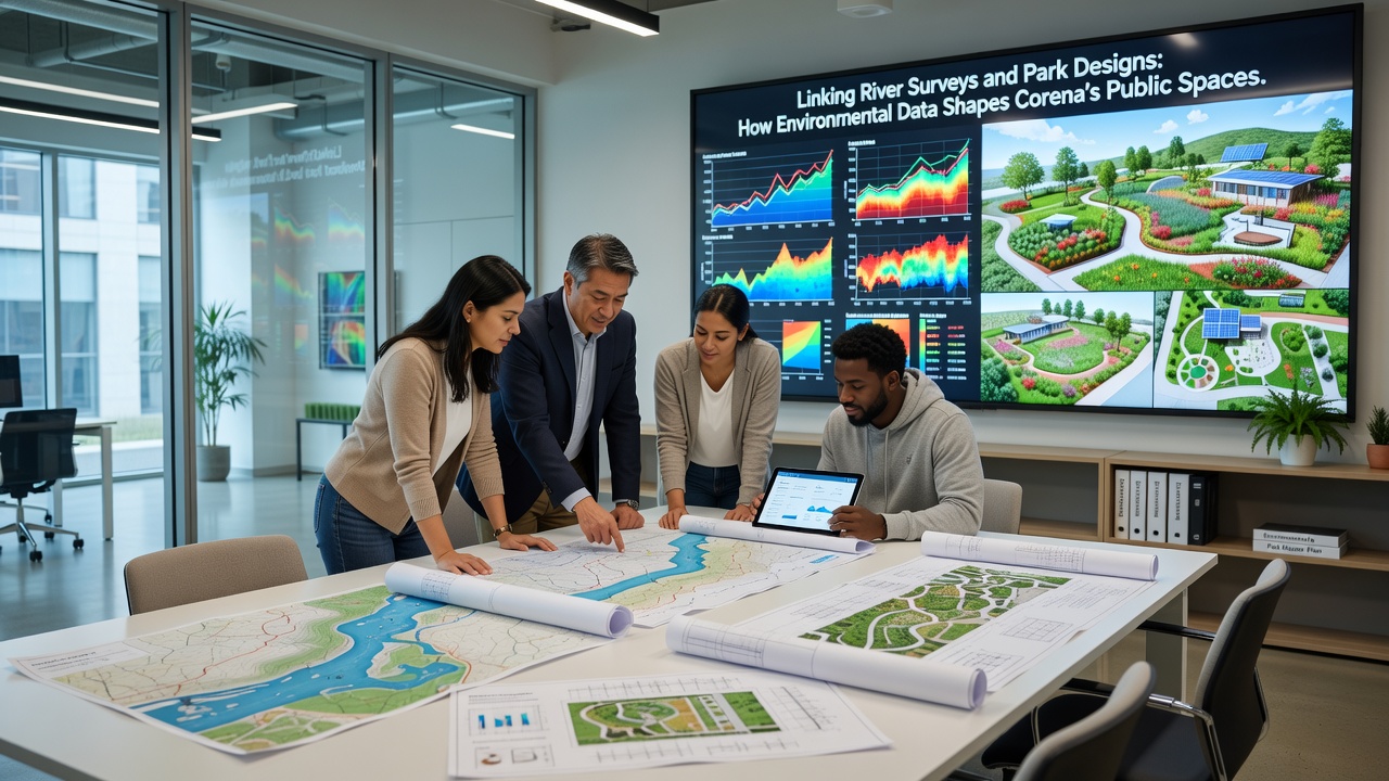 Engineers reviewing river flow data on tablets while standing beside a newly installed park boardwalk in Corena